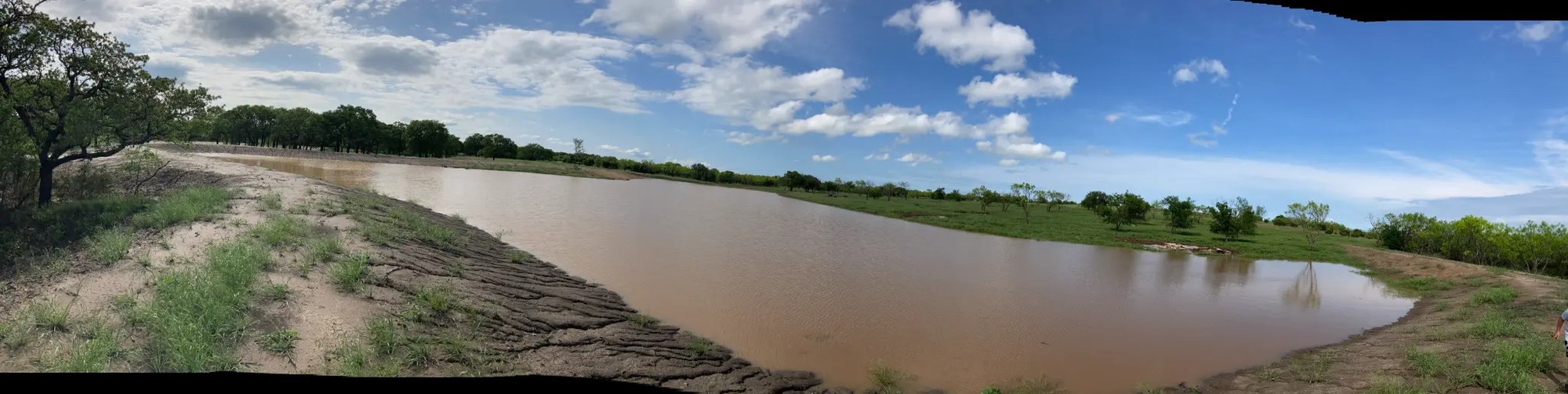 Panoramic view of completed MBARK pond — West Texas landscape, Big Country
